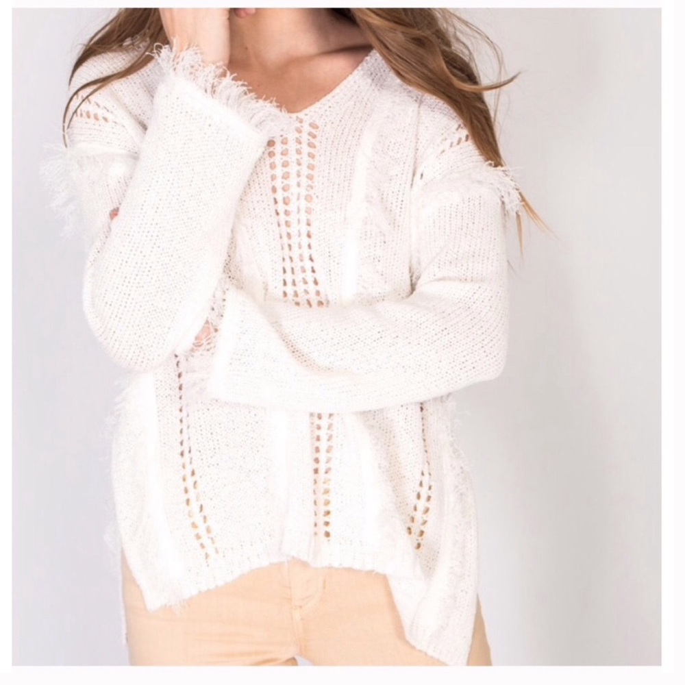 🍃🍂Geo Fringe Crisp White Boho Pullover Sweater - Picture 8 of 9